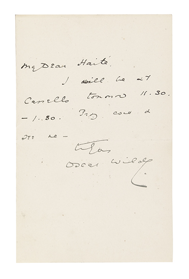 WILDE, OSCAR. Brief Autograph Letter Signed, to George C. Haité ("My Dear Haité"),